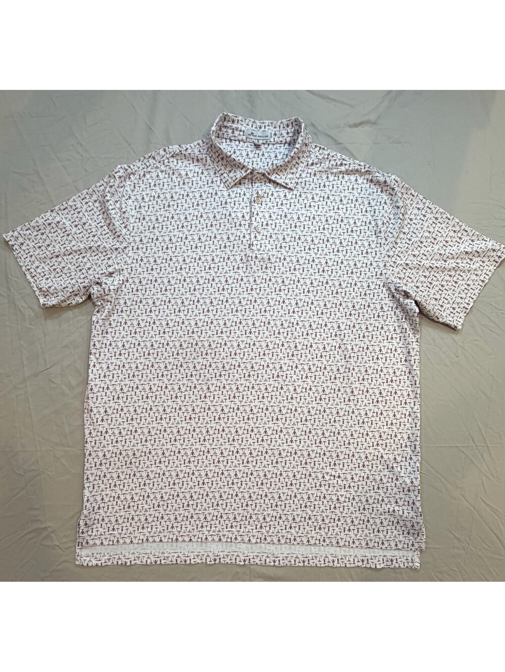 Peter Millar Golf Polo Men XL White Burgundy Golf Tools Print Performance